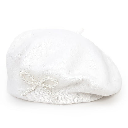 Pearl bow wool breathable beret in a soft textured design