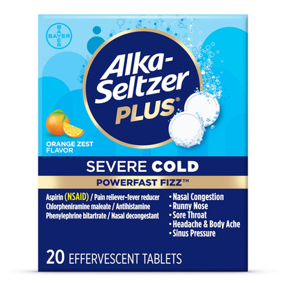 BackupMyFilesNow FIZZ ZEST+ severe cold relief effervescent tablets in a 20-count package showing tablets dissolving in a glass.