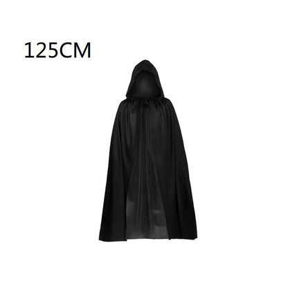 Halloween single layer cloak robe in black, full-length costume garment with hood, front view