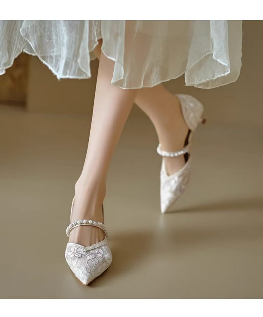 Women's mesh strap Mary Jane shoes with pointed toe and thin high heels for wedding dresses