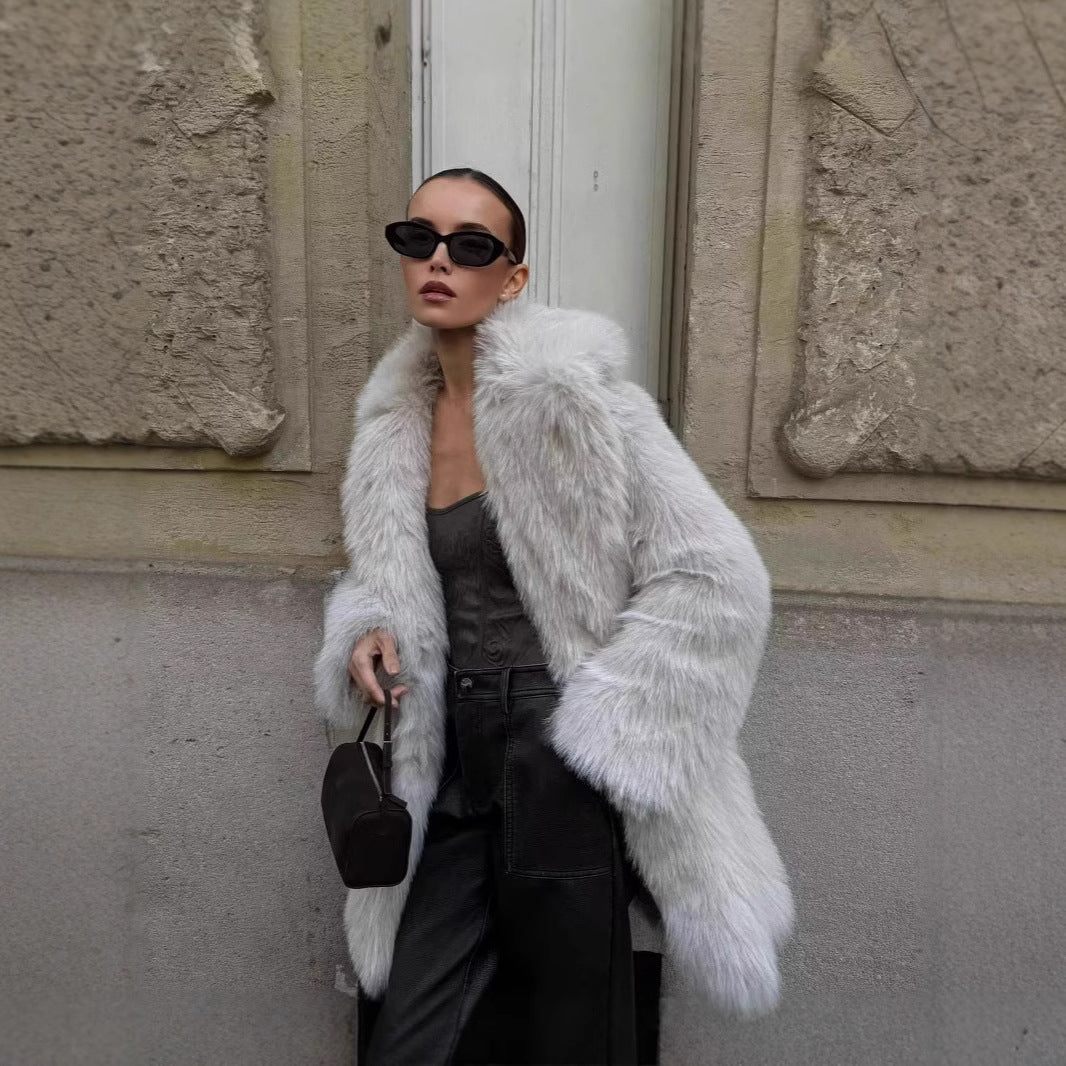 Women’s artificial fur warm thick coat by My Store, full-length textured outerwear in a neutral color
