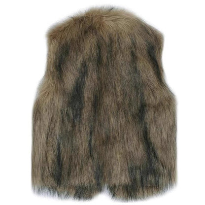 Fashionable new fox-fur long vest in a sleek sleeveless design, shown from the front