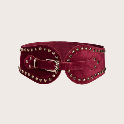 Women's suede rivet elastic wide waist belt with adjustable seal, western-style design