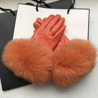 Women's winter warm fox-fur cuff gloves in a soft, insulated design