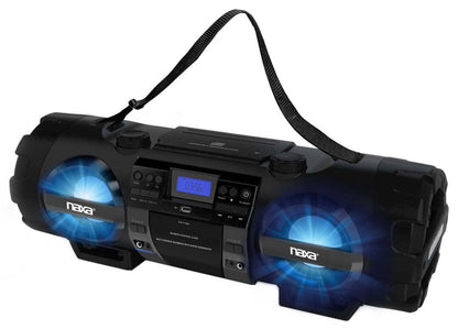 Naxa MP3/CD bass reflex boombox with Bluetooth, featuring speakers, control panel, and handle for portable music playback.