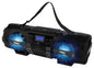 Naxa MP3/CD bass reflex boombox with Bluetooth, featuring speakers, control panel, and handle for portable music playback.