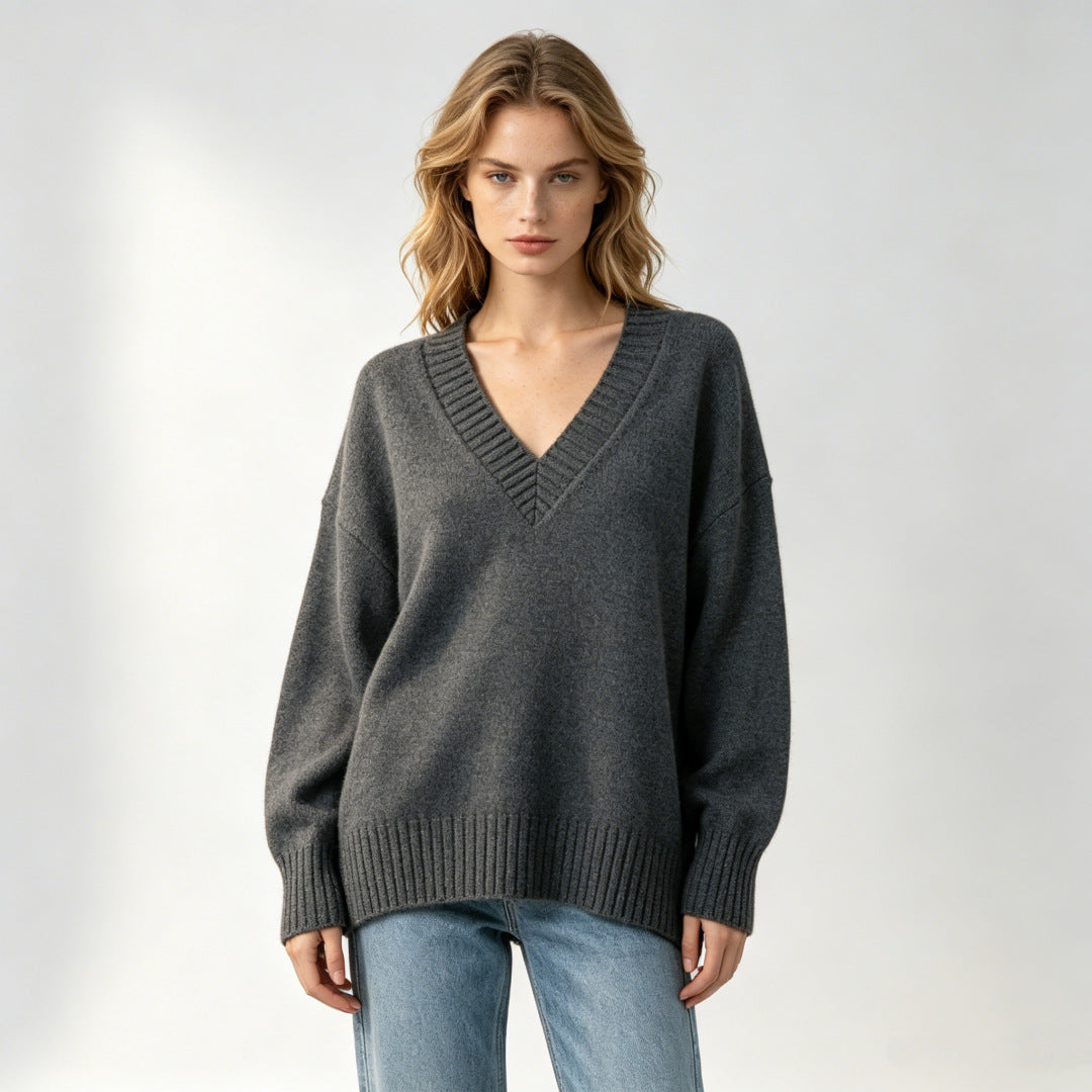 Women's loose-fit V-neck casual all-match knit sweater by My Store