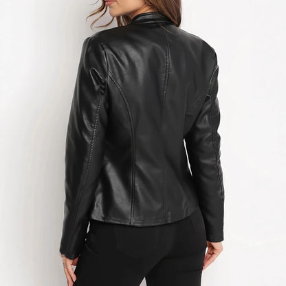Fashionable slim-fit short women's leather jacket in a sleek, modern design