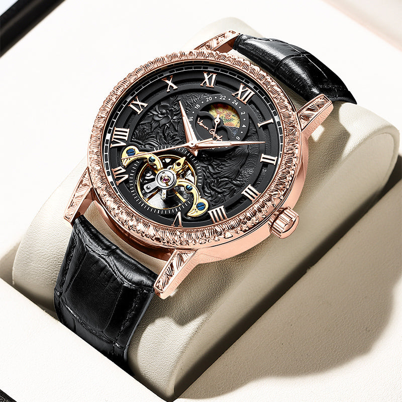 Van Gogh automatic mechanical men's watch with Yaojin sunflower dial, gold-tone details, and leather strap