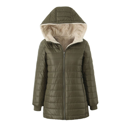 Women's warm hooded fleece-lined coat in a full-length design with soft insulated lining