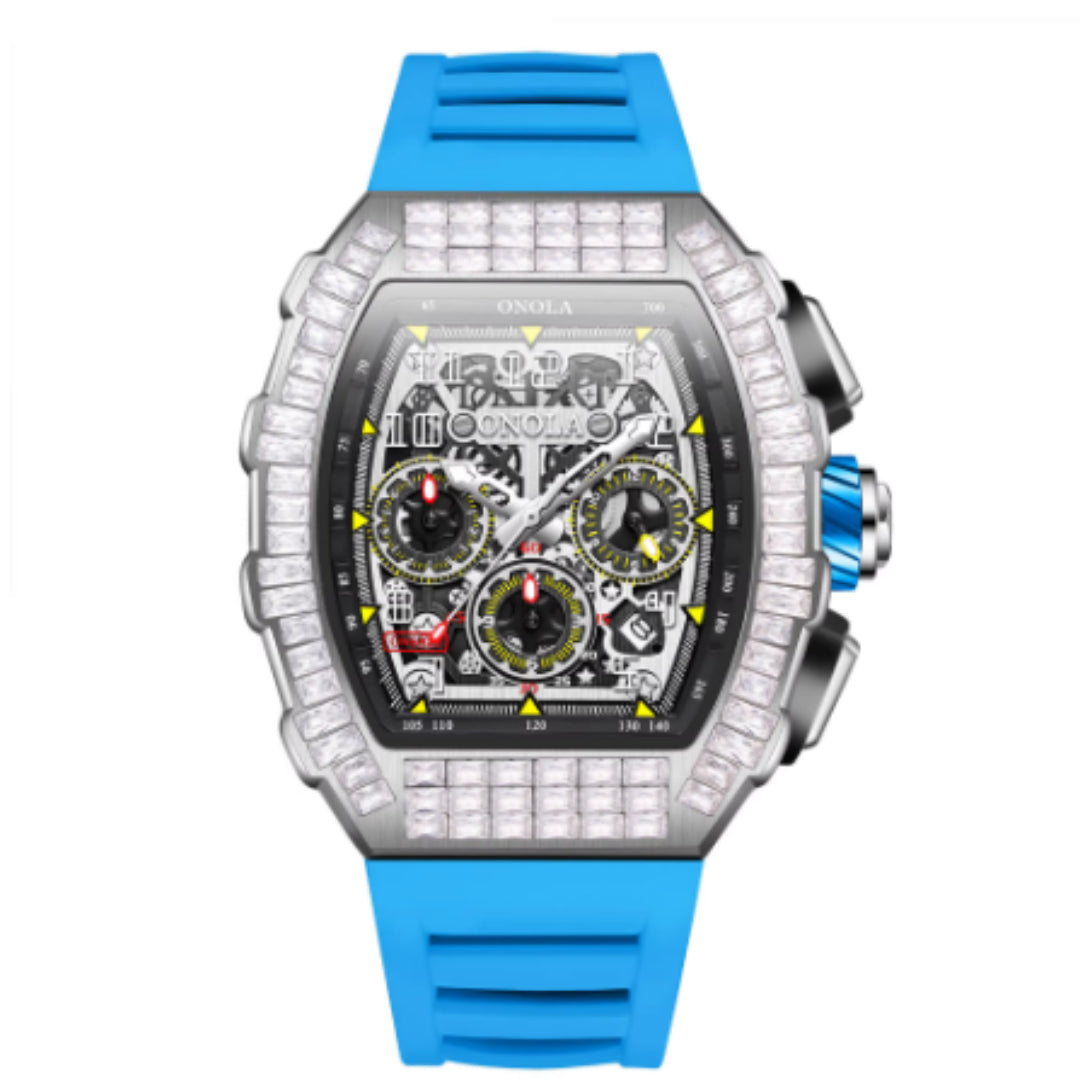 Men's luxury square diamond watch with star pattern in a polished case and metal band
