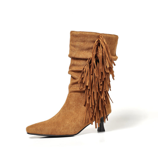European and American-style fringed mid-calf boots in a classic silhouette