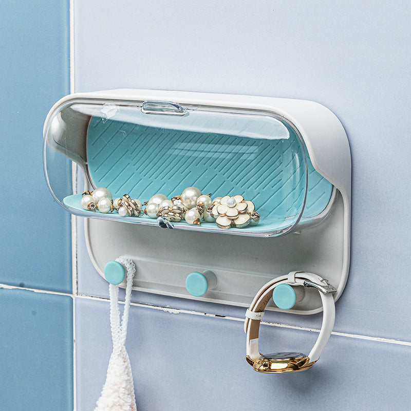 Punch-free wall-mounted bathroom storage box for glasses, clothes, keys, and accessories.