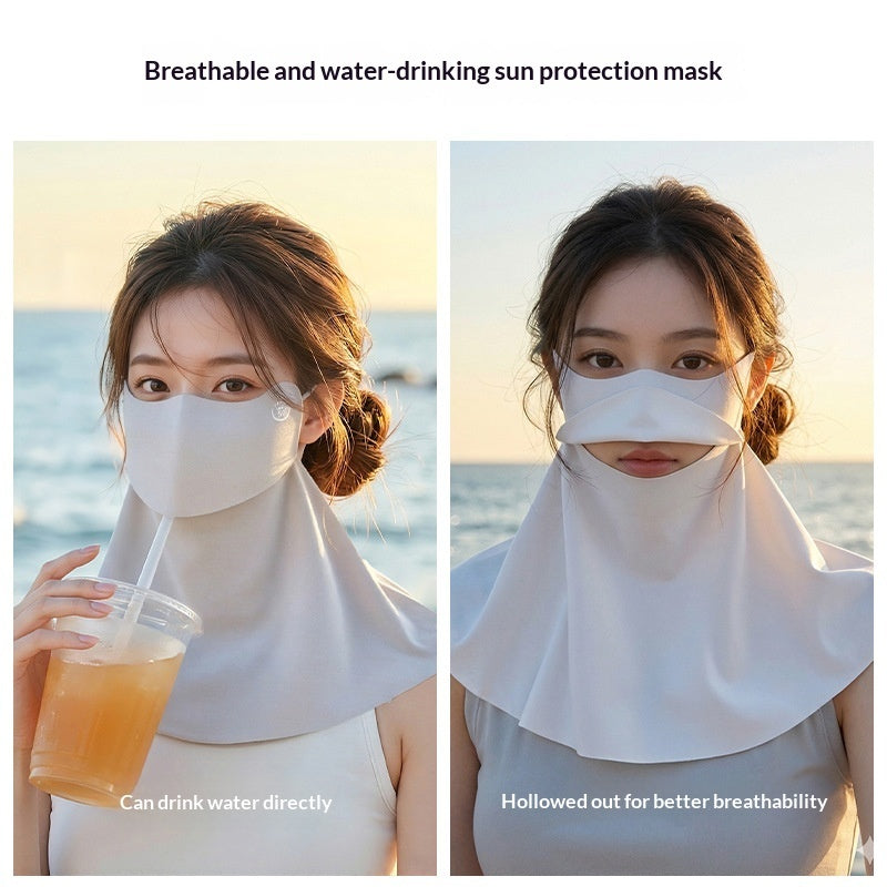 Women's half-face breathable UV-protective sun mask in black fabric covering nose and mouth
