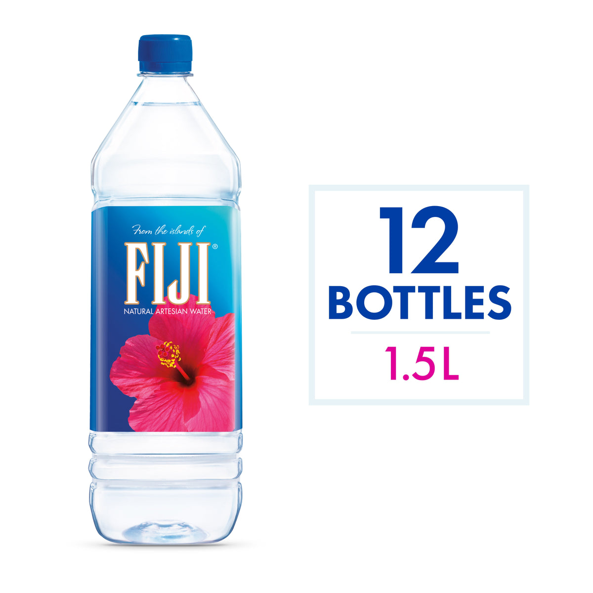 Bottles of FIJI Water natural artesian water from BACKUPMYFILESNOW®, 50.7 fl oz, 12-pack, clear bottles with blue caps.