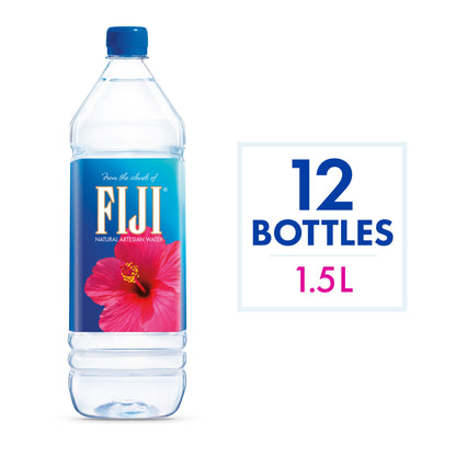 Bottles of FIJI Water natural artesian water from BACKUPMYFILESNOW®, 50.7 fl oz, 12-pack, clear bottles with blue caps.