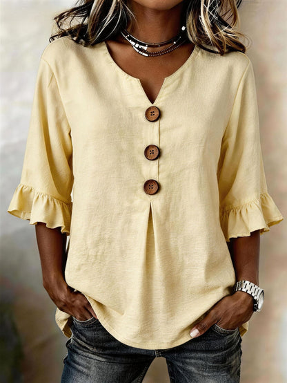 Women's V-neck cotton linen button-up shirt, solid color, short sleeves, and button design