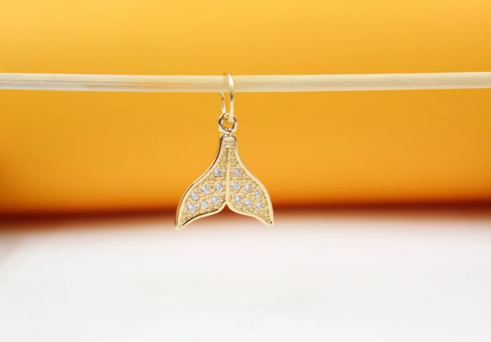 Gold fish tail pendant with sparkling zirconia stones in 18K gold filled, featuring intricate detailing and elegant design.