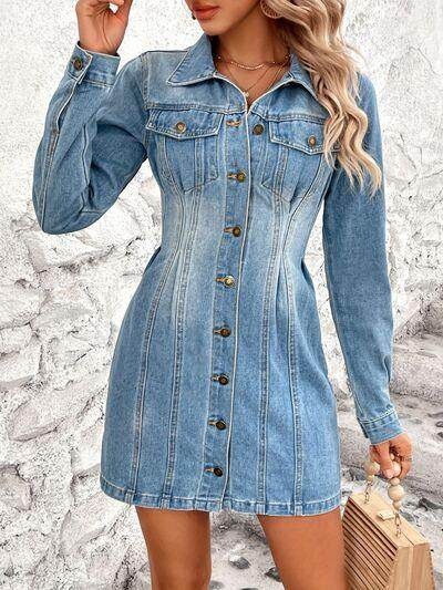 Long sleeve denim dress with front pockets and button-up front, trendy women's casual dress by Trendsi.