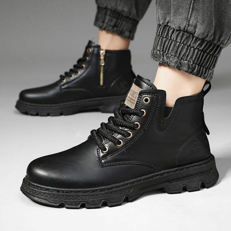 Men's spring casual high-top leather boots by My Store, shown in a classic ankle-high design