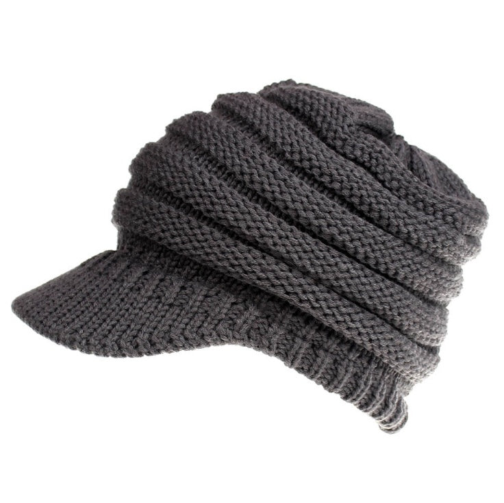 Women's ponytail beanie soft knitted winter hat in gray with a ponytail opening and warm skullcap design