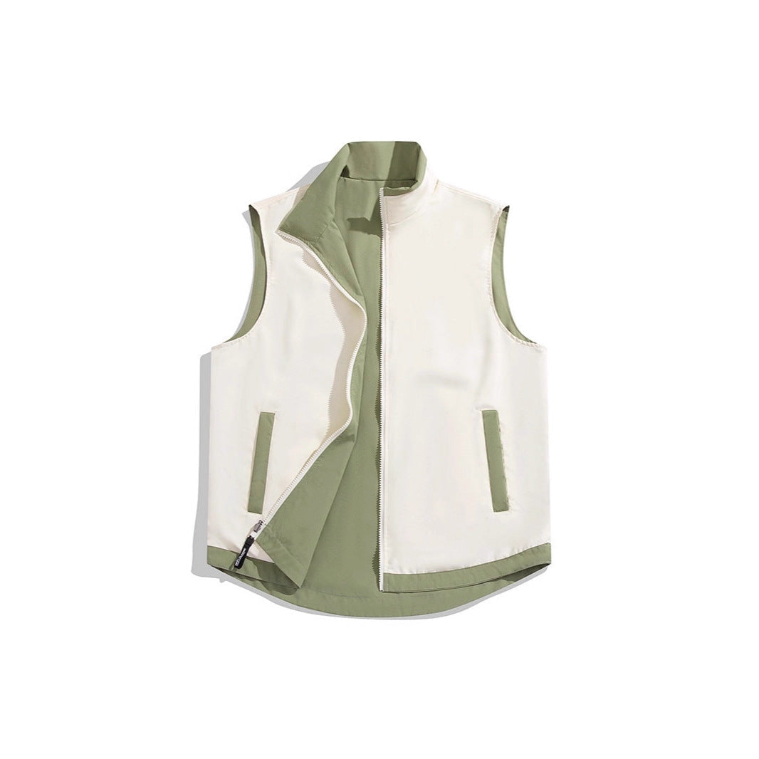 Color-block reversible vest jacket in contrasting panels, front view