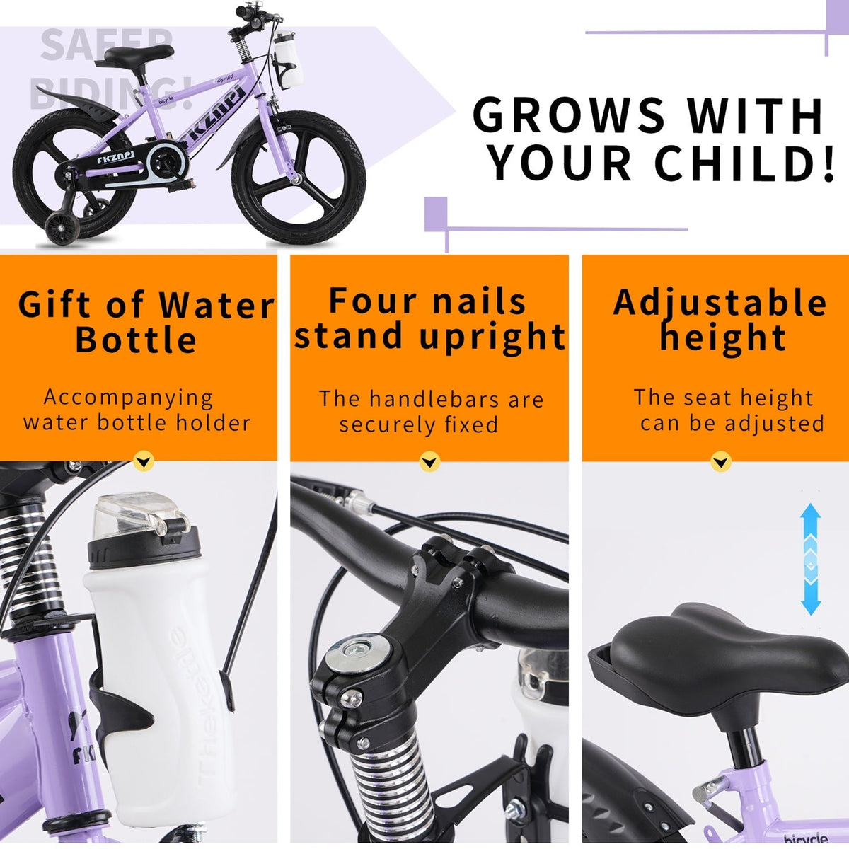 Kids bike with training wheels and adjustable seat, 16-18 inch size, in bright colors, suitable for young children.