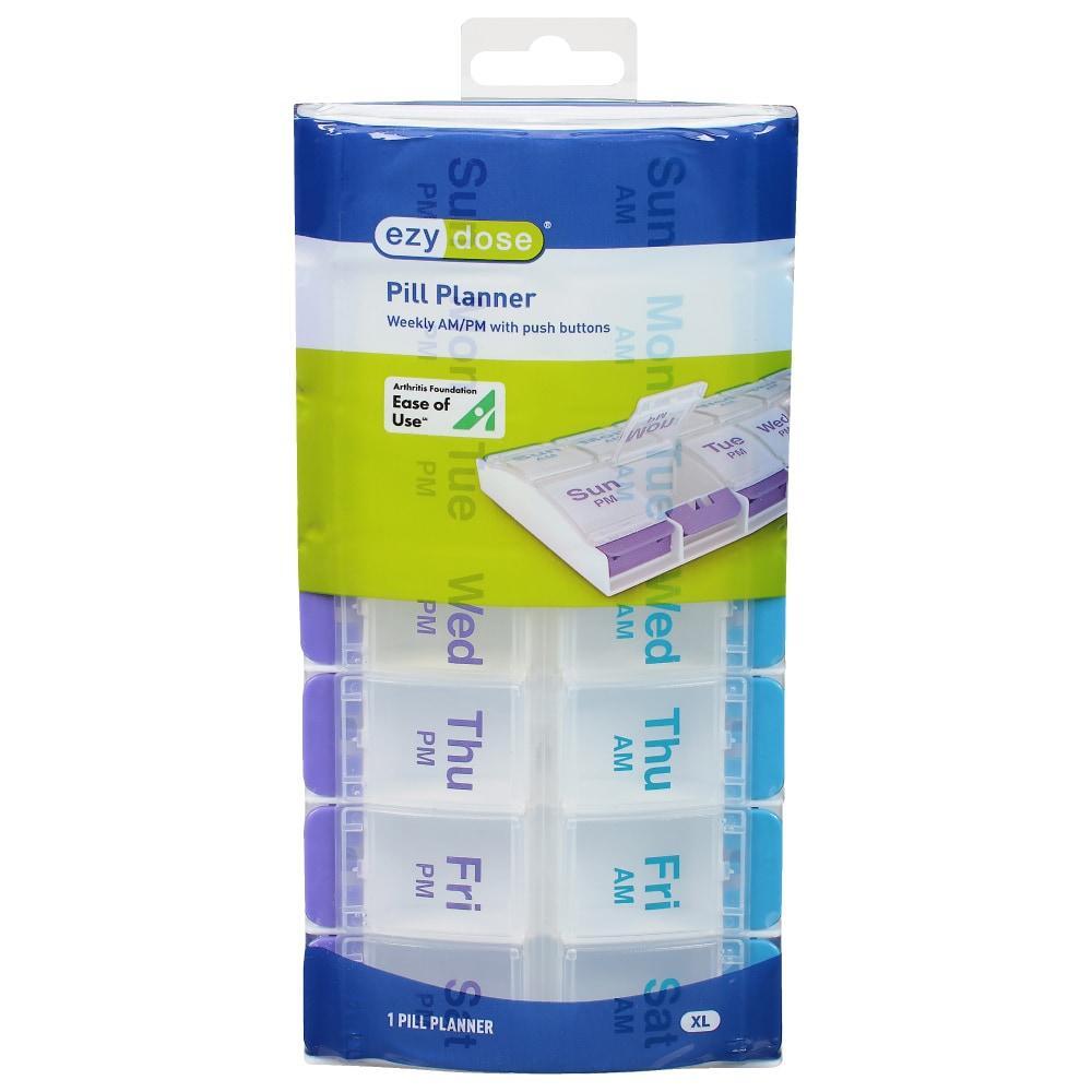Ezy Dose AM/PM 7-day XL pillbox with push button compartments, designed for easy medication organization by Pasteur Pharmacy.