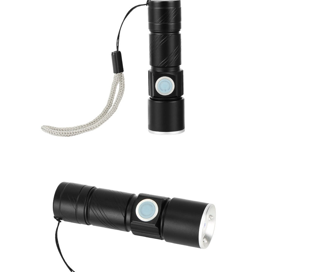 Mini waterproof rechargeable LED flashlight with USB charging, compact black design