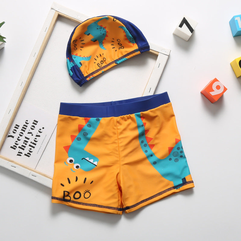 Cartoon dinosaur swimming trunks set featuring colorful dinosaur prints and an elastic waistband
