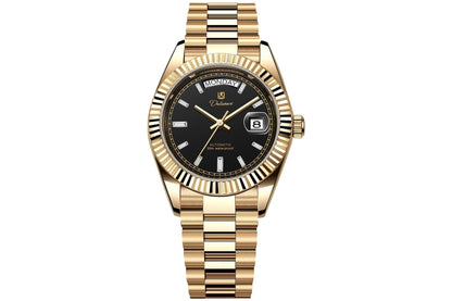 Dual-calendar automatic mechanical men's watch with date and day display on a dark dial