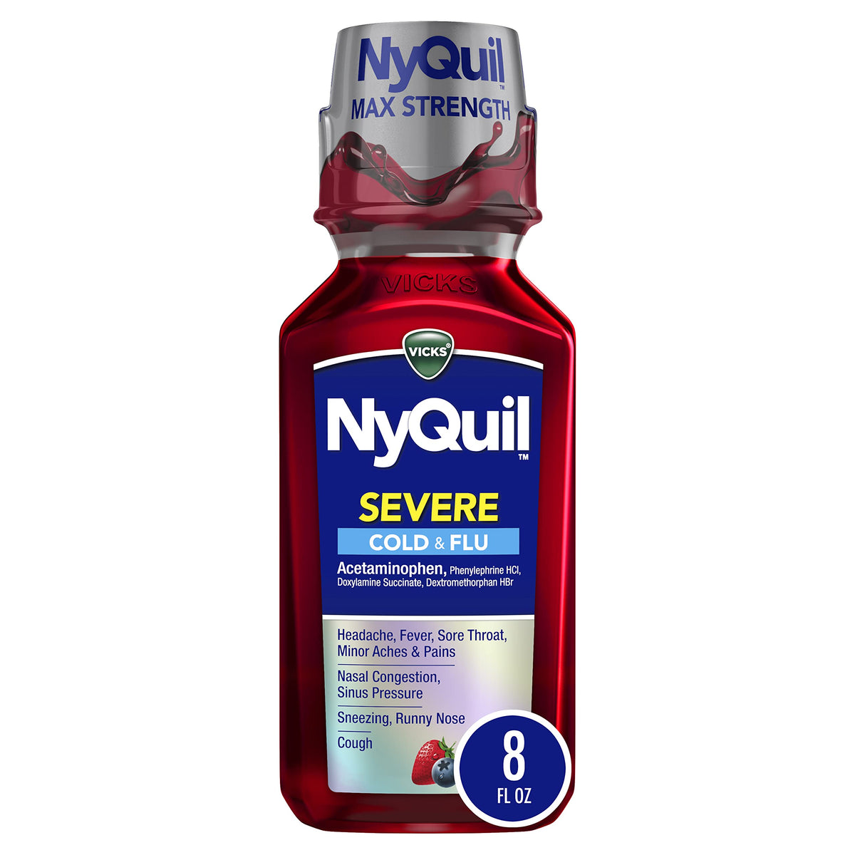 Vicks Severe Cold & Flu Night Relief Berry in an 8 oz bottle, showing the product label and packaging.