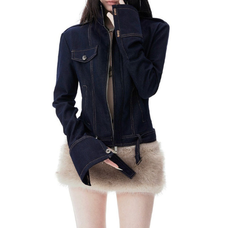 Women's high-neck waist-cinched short jacket in a structured silhouette