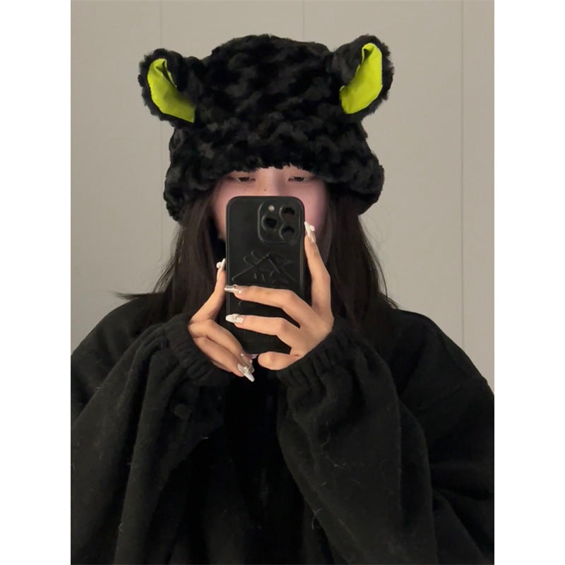 Dark lamb plush warm winter pot hat with cute animal styling