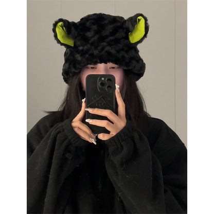 Dark lamb plush warm winter pot hat with cute animal styling
