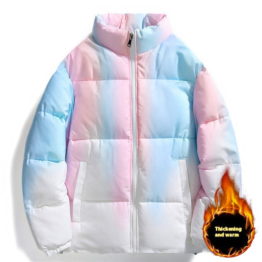 Unisex gradient winter coat with stand-up collar, plush lining and pockets, loose fit for women and men