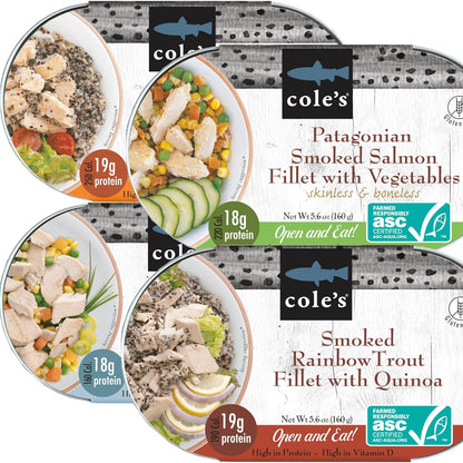 Cole's Open & Eat Meals Variety Pack with smoked salmon, trout, quinoa, and vegetables in ready-to-eat 5.6 oz cans.