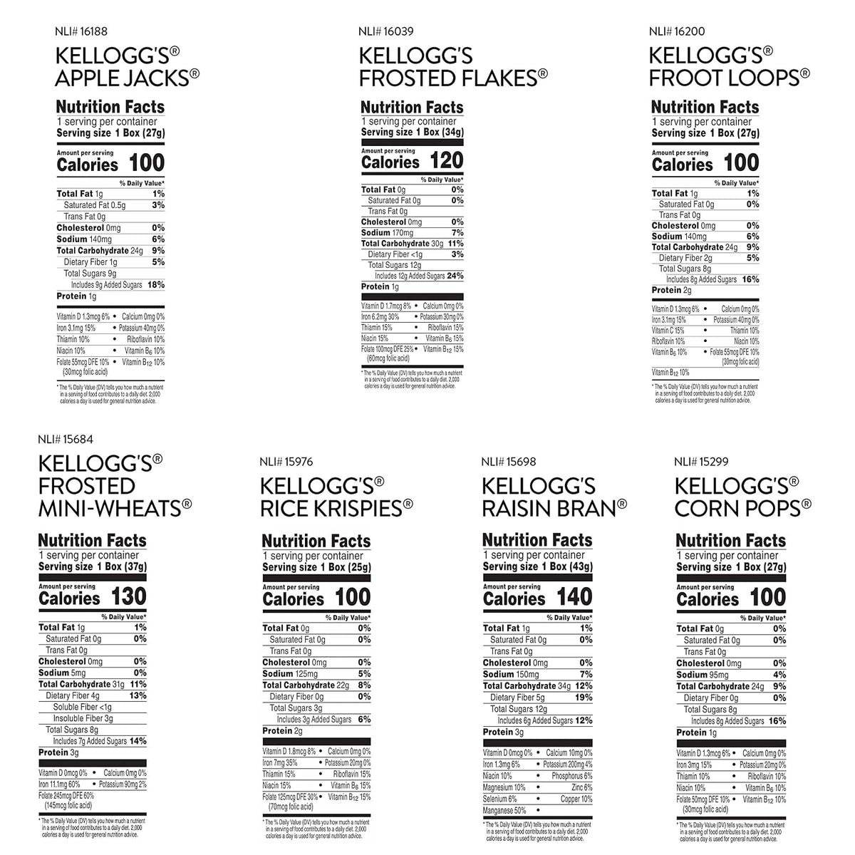 Kellogg's cold breakfast cereal variety pack with 48 boxes, featuring colorful cereal boxes for kids and pantry staples.
