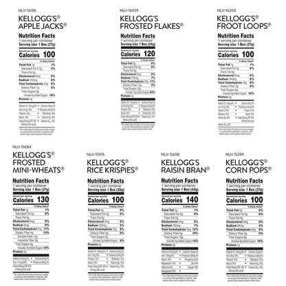 Kellogg's cold breakfast cereal variety pack with 48 boxes, featuring colorful cereal boxes for kids and pantry staples.