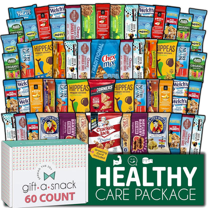 Nut Cravings healthy snack box variety pack with assorted snacks and a 60-count greeting card for gift-giving.