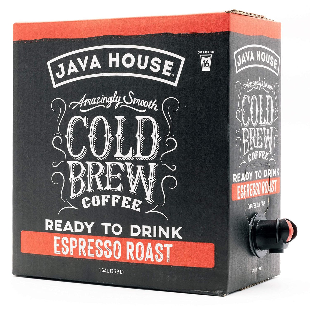 Java House Cold Brew On Tap espresso machine with a sleek black tap and glass container filled with dark cold brew coffee.