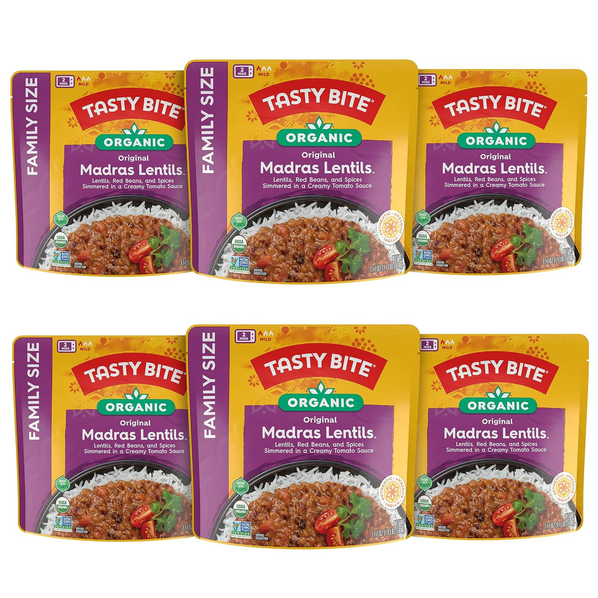 Microwaveable BACKUPMYFILESNOW® Indian Bombay Potatoes entree in a 10-ounce package, ready-to-eat, with six packs shown.