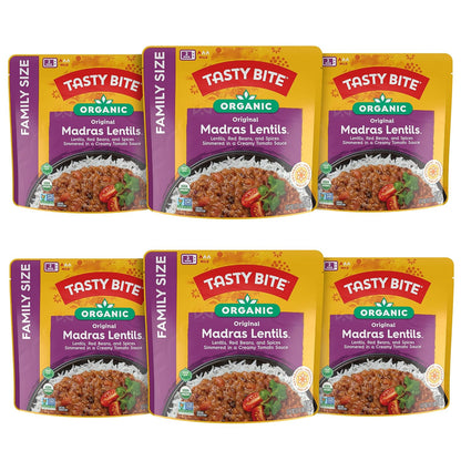 Microwaveable BACKUPMYFILESNOW® Indian Bombay Potatoes entree in a 10-ounce package, ready-to-eat, with six packs shown.