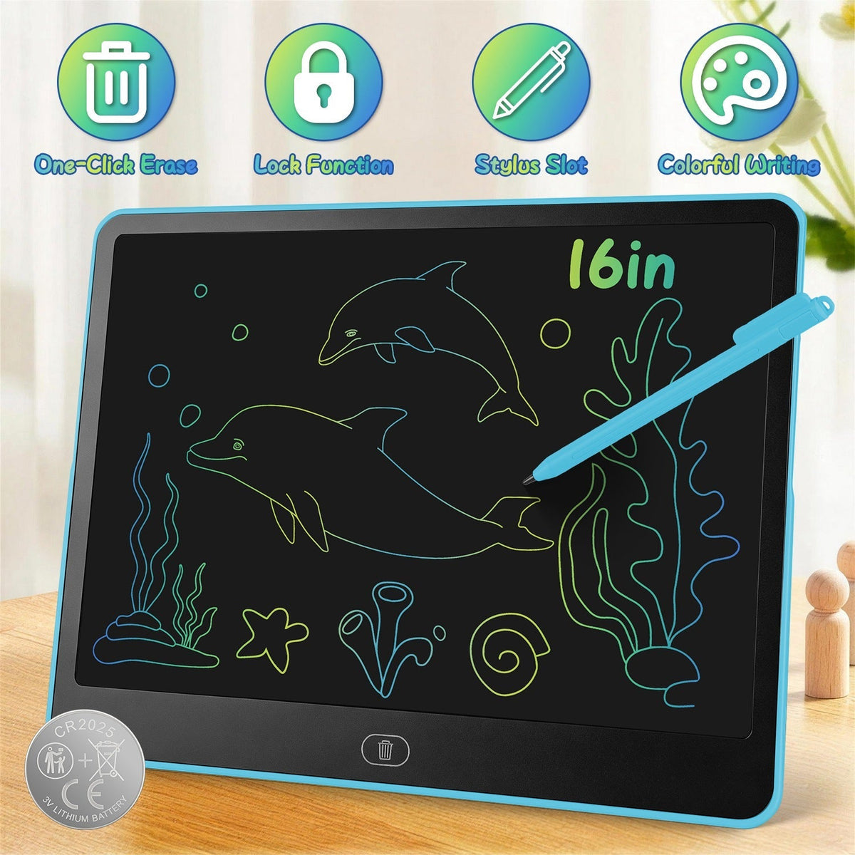 GBruno Store LCD writing tablet for kids with stylus and lock function, showing colorful digital drawing on the screen.