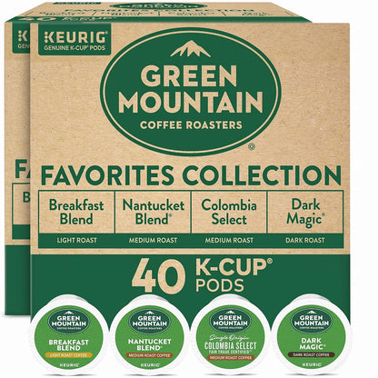Green Mountain Coffee Roasters Favorites Collection K-Cup coffee pods in green packaging, ready for Keurig brewing.