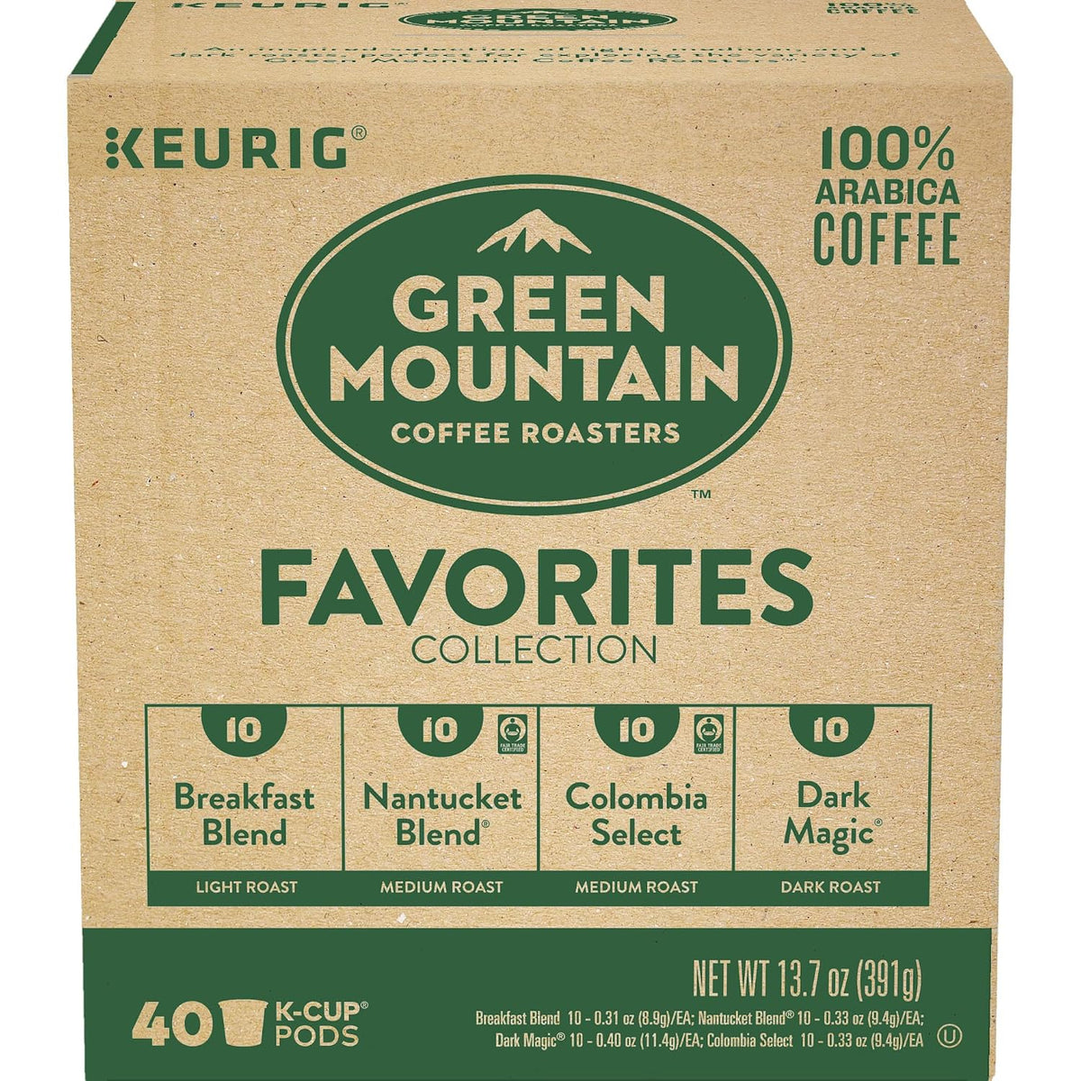 Green Mountain Coffee Roasters Favorites Collection K-Cup coffee pods in green packaging, ready for brewing.