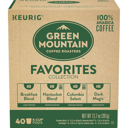Green Mountain Coffee Roasters Favorites Collection K-Cup coffee pods in green packaging, ready for brewing.