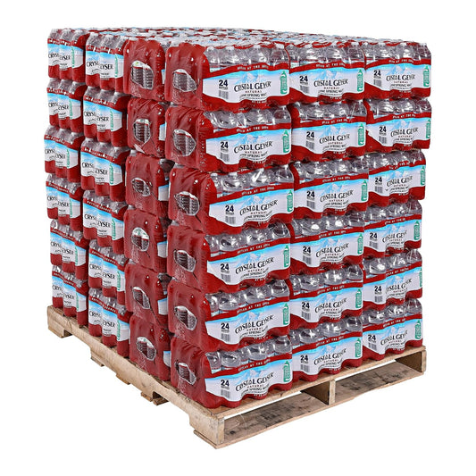 Crystal Geyser bottled spring water, 16.9 fl oz, pack of 35, clear plastic bottles with blue caps and spring water inside.