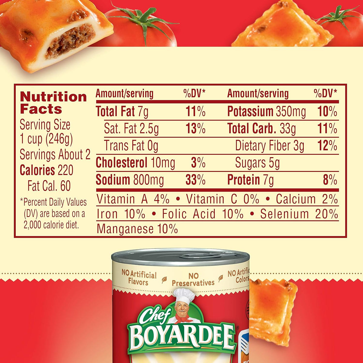 Four 15 oz cans of Chef Boyardee Beef Ravioli in a packaged ravioli set, ready to heat and serve