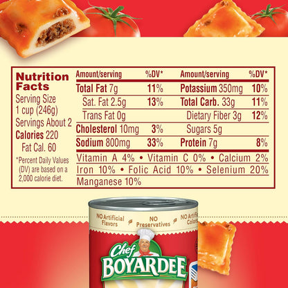 Four 15 oz cans of Chef Boyardee Beef Ravioli in a packaged ravioli set, ready to heat and serve